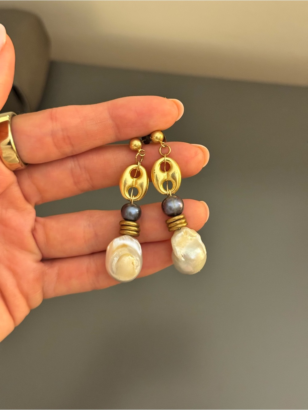 Gold Tone Baroque Pearl Drop Earrings with Dark Pearl Accent